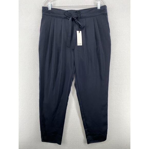 THE RESET R LABEL Pants L Satin Tie Trouser Pleated Tapered Navy Blue NEW - Picture 1 of 16